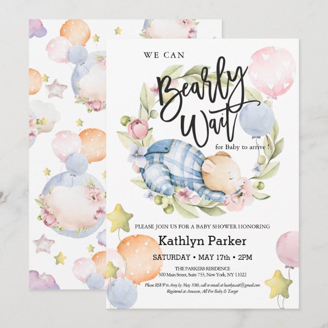 We Can Bearly Wait Boy Teddy Bear Baby Shower Invitation (Front/Back)