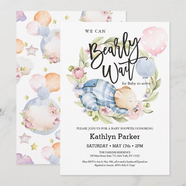 We Can Bearly Wait Boy Teddy Bear Baby Shower Invitation (Front/Back)