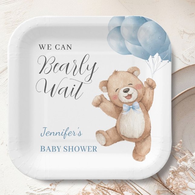 We Can Bearly Wait Boy Teddy Bear Baby Shower  Paper Plate (Creator Uploaded)