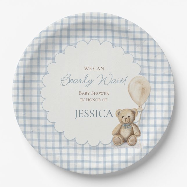 We Can Bearly Wait Boy Teddy Bear Baby Shower Paper Plate (Front)