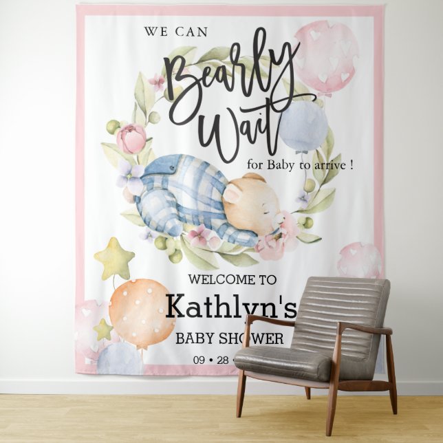 We Can Bearly Wait Boy Teddy Bear Baby Shower Tapestry (In Situ)