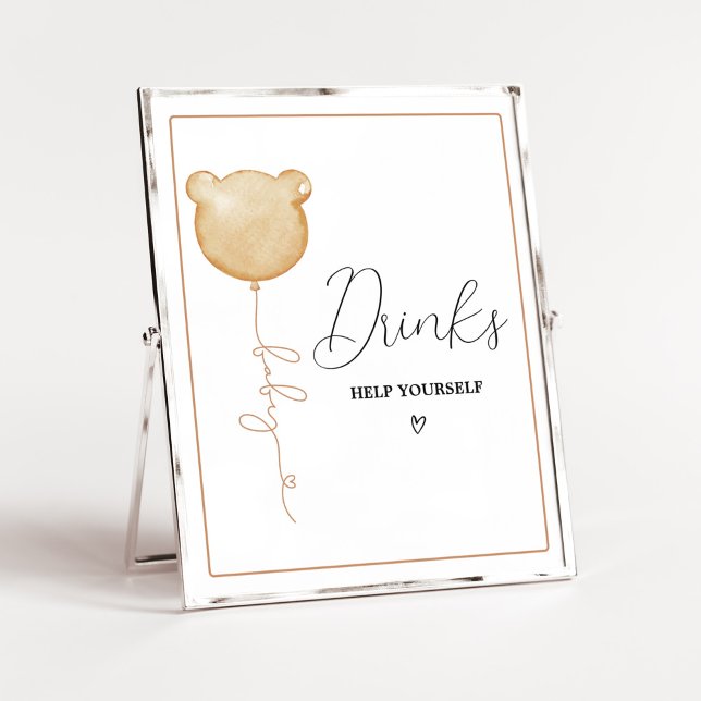 We Can Bearly Wait Brown Balloon Baby Drinks Poster (Gender Neutral Minimalist Bear Baby Shower Drinks Sign)