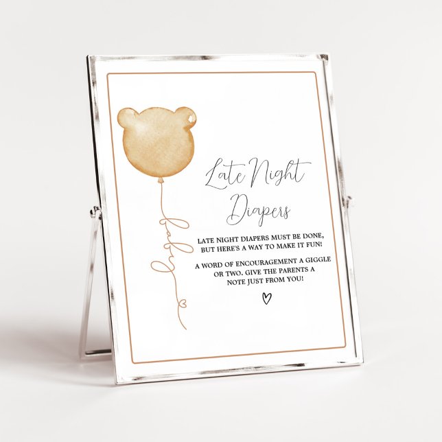 We Can Bearly Wait BrownBalloon Late Night Diapers Poster (Gender Neutral Minimalist Bear Baby Shower Late Night Diapers Sign)