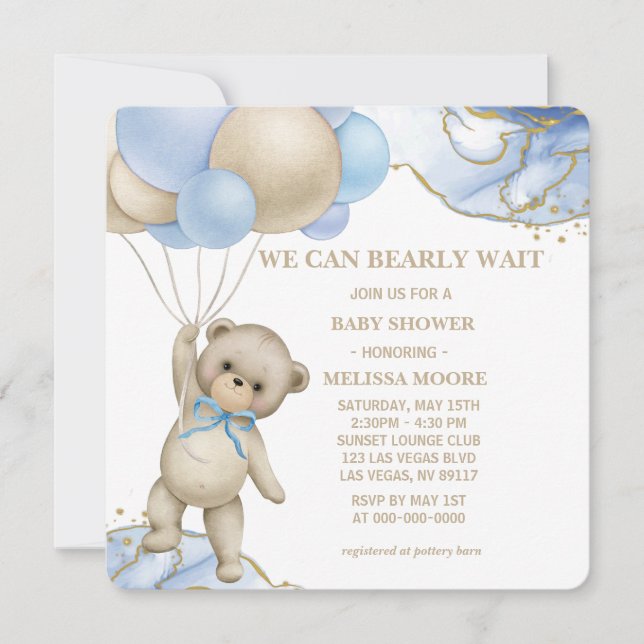 We Can Bearly Wait Champagne Gold Abstract Invitation (Front)