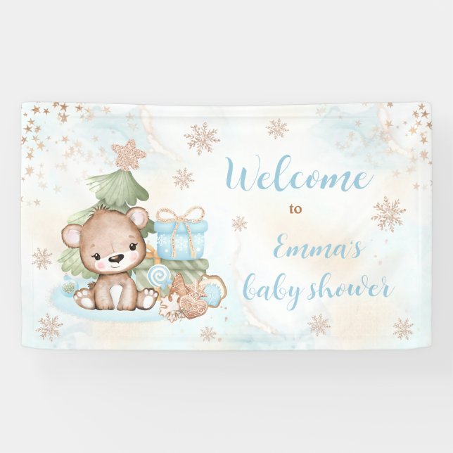 We Can Bearly Wait Christmas Boy Baby Shower Banner (Horizontal)