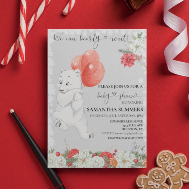 We can Bearly Wait Christmas Polar Bear Balloon  Invitation (Creator Uploaded)