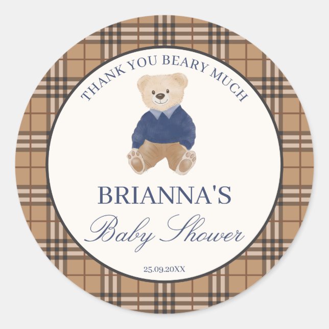 We can bearly wait classic plaid baby shower favou classic round sticker (Front)
