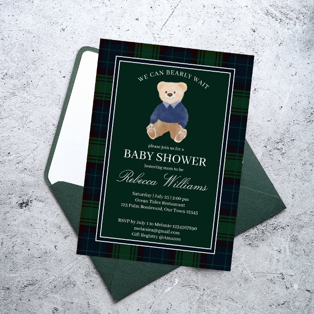 We can bearly wait classic plaid baby shower invitation (We can bearly wait classic emerald green plaid baby shower invitation cards template)