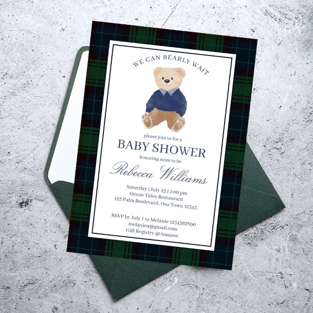 We can bearly wait classic plaid baby shower invitation (We can bearly wait classic navy blue green plaid teddy bear baby shower invitation cards template)
