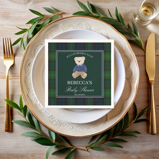 We can bearly wait classic plaid baby shower napkin (Teddy bear emerald green classic plaid old money polo teddy bear baby shower personalized printed na)