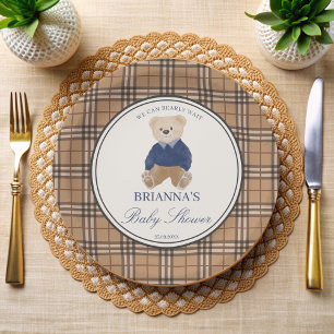 We can bearly wait classic plaid baby shower paper plate