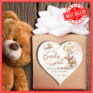 We Can Bearly Wait Cub Brown Baby Shower Heart Sticker
