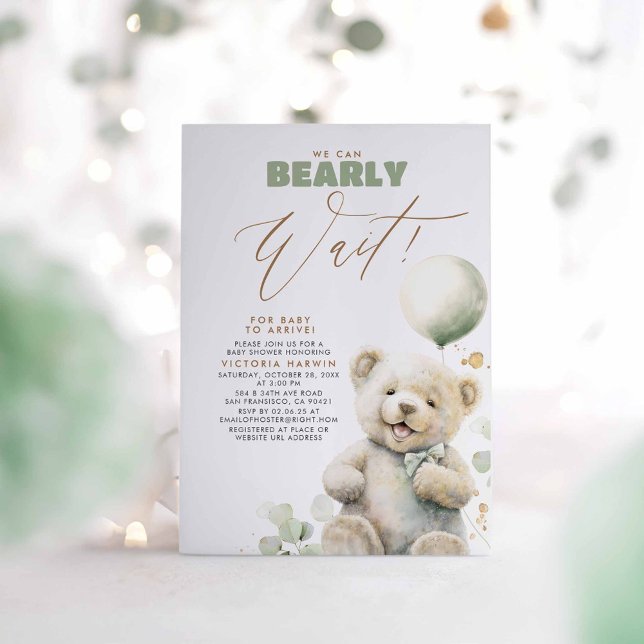 We Can Bearly Wait - Cute Baby Bear Baby Shower In Invitation (Bear Themed Baby Shower Invitations in Green and Brown)