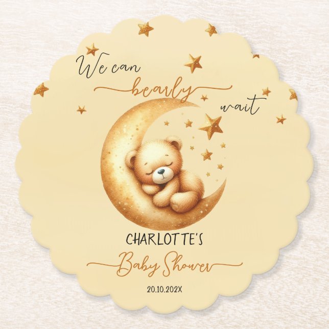 We Can Bearly Wait Cute Baby Bear Baby Shower Paper Coaster (Front)