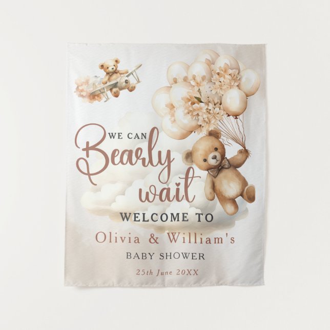 We Can Bearly Wait Cute Bear Baby Shower WELCOME Tapestry (Front)
