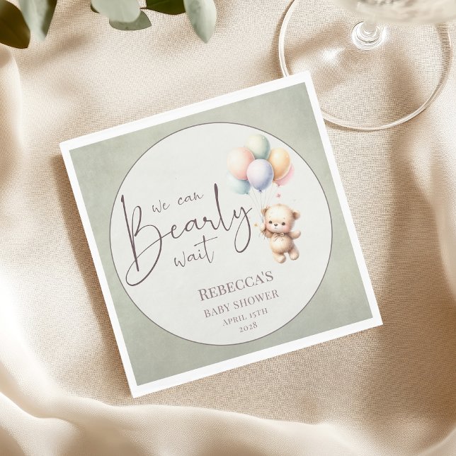We can bearly wait cute bear balloon baby shower napkin (Creator Uploaded)