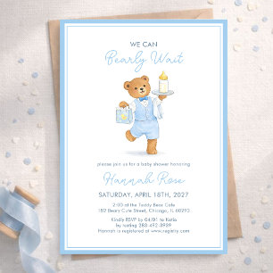 We Can Bearly Wait Cute Blue Boy Teddy Baby Shower Invitation