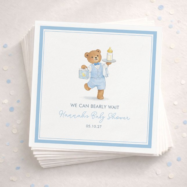 We Can Bearly Wait Cute Blue Boy Teddy Baby Shower Napkin (Creator Uploaded)