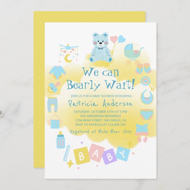 We Can Bearly Wait Cute Boy Baby Shower Invitation (Front/Back)