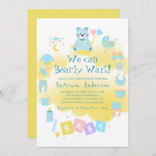 We Can Bearly Wait Cute Boy Baby Shower Invitation