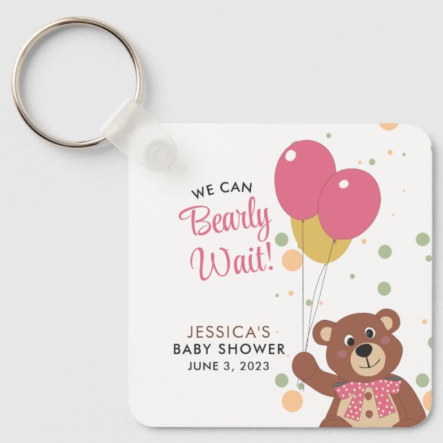 We Can Bearly Wait Cute Pink Baby Girl Custom Name Key Ring (Front)