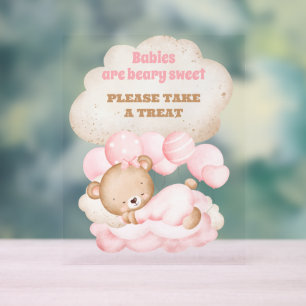 We Can Bearly Wait Cute Pink Bear Favour Acrylic Sign