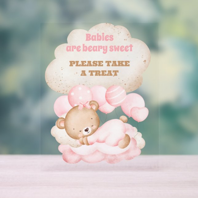 We Can Bearly Wait Cute Pink Bear Favour Acrylic Sign (Neutral)