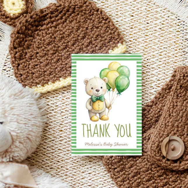 We can bearly wait cute teddy bear sage green thank you card (We can bearly wait cute teddy bear sage green yellow baby shower thank you cards handwriting font )
