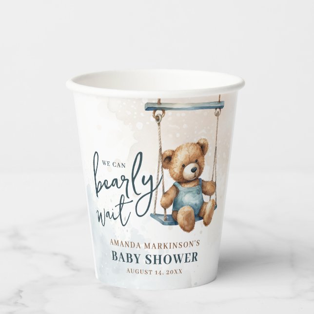 We Can Bearly Wait Denim Teddy Bear Baby Shower Paper Cups (Front)
