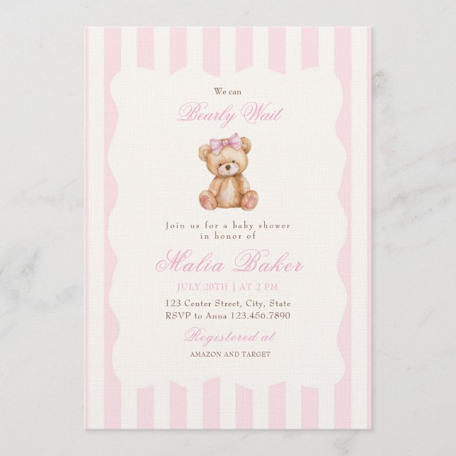 We Can Bearly Wait Elegant Teddy Bear Baby Shower Invitation (Front)