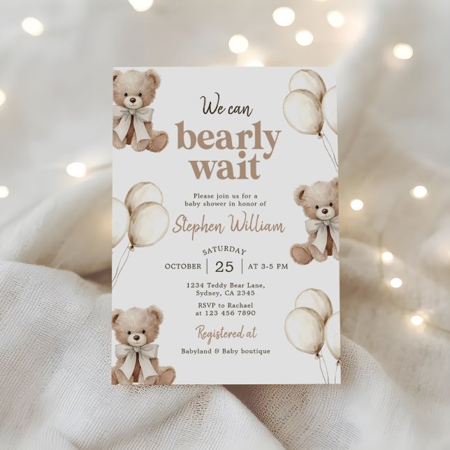 We Can Bearly Wait Elegant Teddy Bear Baby Shower Invitation (Creator Uploaded)