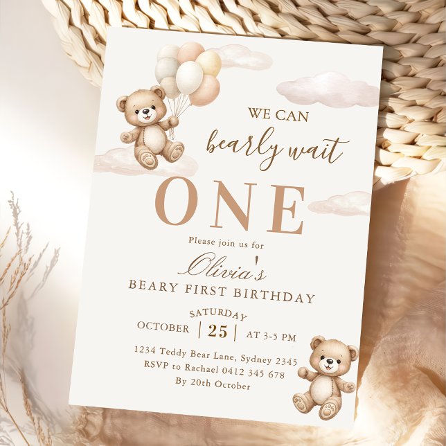 We Can Bearly Wait Elegant Teddy Birthday Invitation (Creator Uploaded)
