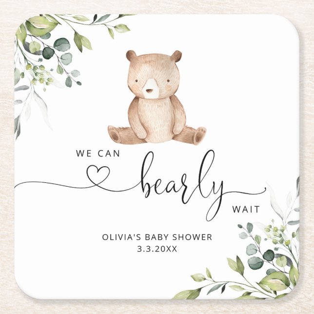We can bearly wait eucalyptus baby shower square paper coaster (Front)