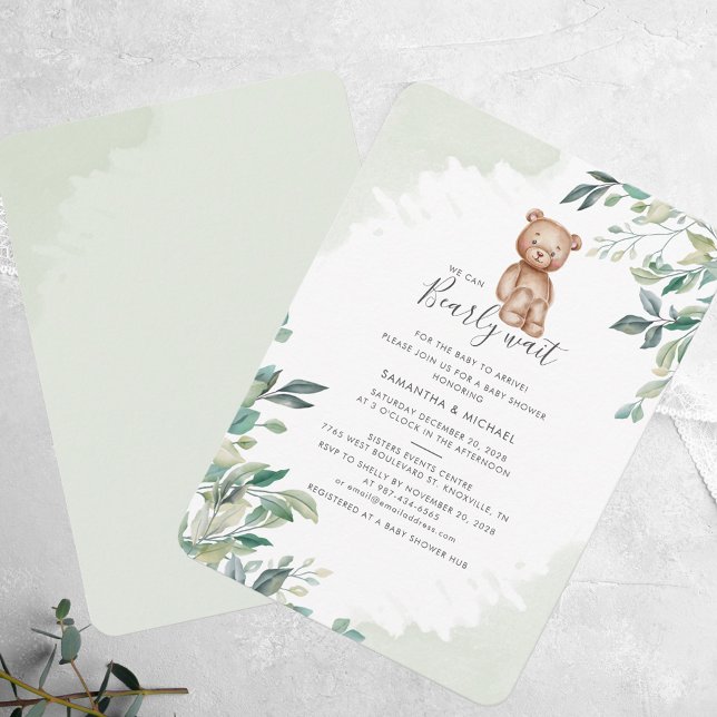 We Can Bearly Wait Eucalyptus Modern Baby Shower Invitation (We Can Bearly Wait Bear Eucalyptus Script Baby Shower Invitation)