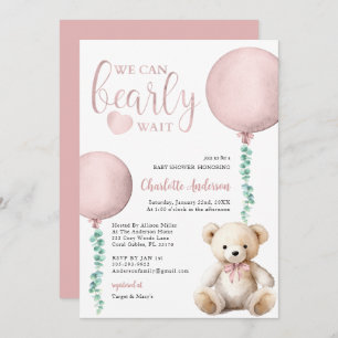 We Can Bearly Wait Eucalyptus Pink Baby Shower  Invitation