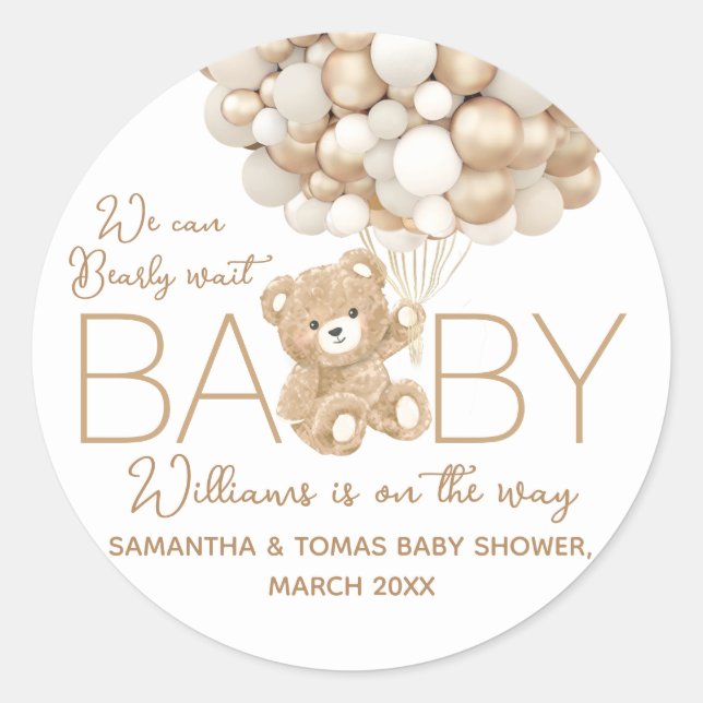 We can Bearly Wait Gender Neutral Baby Shower Classic Round Sticker (Front)
