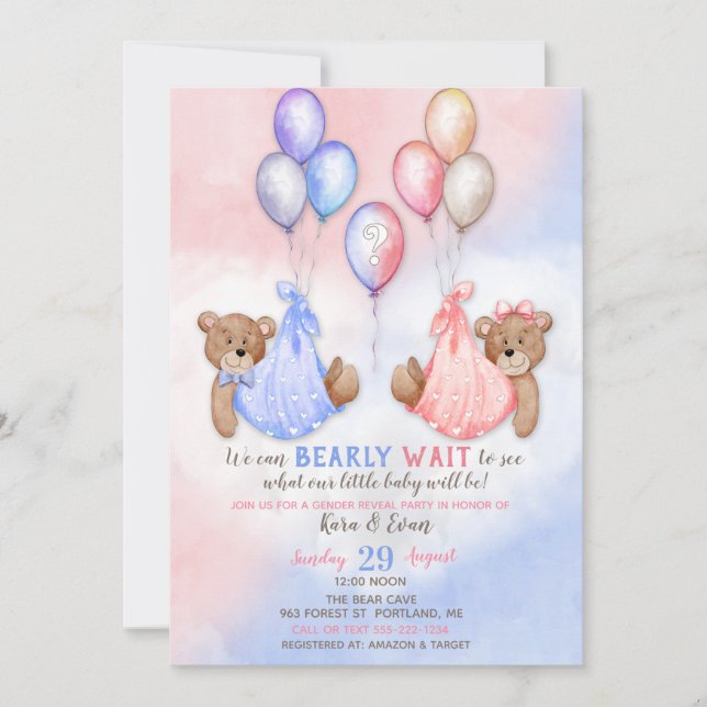 We Can Bearly Wait Gender Reveal Bears Pink Blue Invitation (Front)