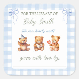 We Can Bearly Wait Gingham Baby Shower Book Plate Square Sticker