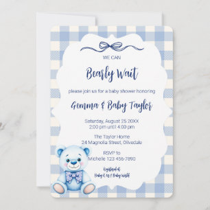 We Can Bearly Wait Gingham Blue Baby Shower Invitation