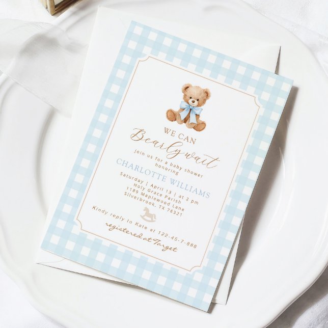 We can bearly wait Gingham teddy bear baby shower Invitation (Creator Uploaded)