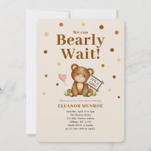 We Can Bearly Wait Girl Baby Shower  Invitation