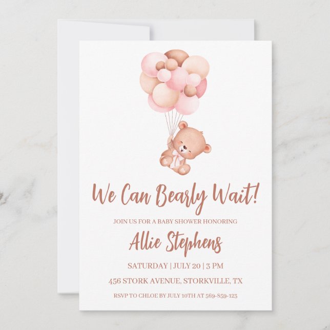 We Can Bearly Wait Girl Baby Shower Invitation (Front)