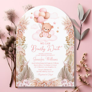 we can bearly wait, girl baby shower pampas grass  invitation