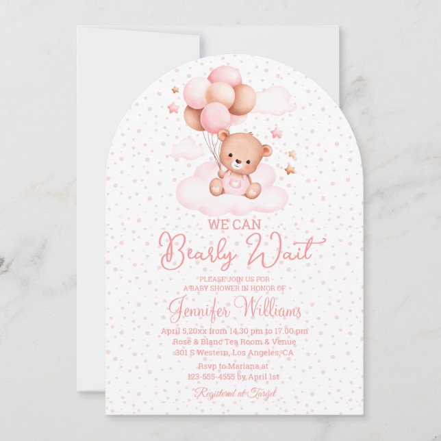 we can bearly wait, girl baby shower pink arch invitation (Front)