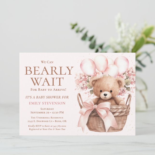 We Can Bearly Wait Girl Bear In Basket Baby Shower Invitation (Standing Front)