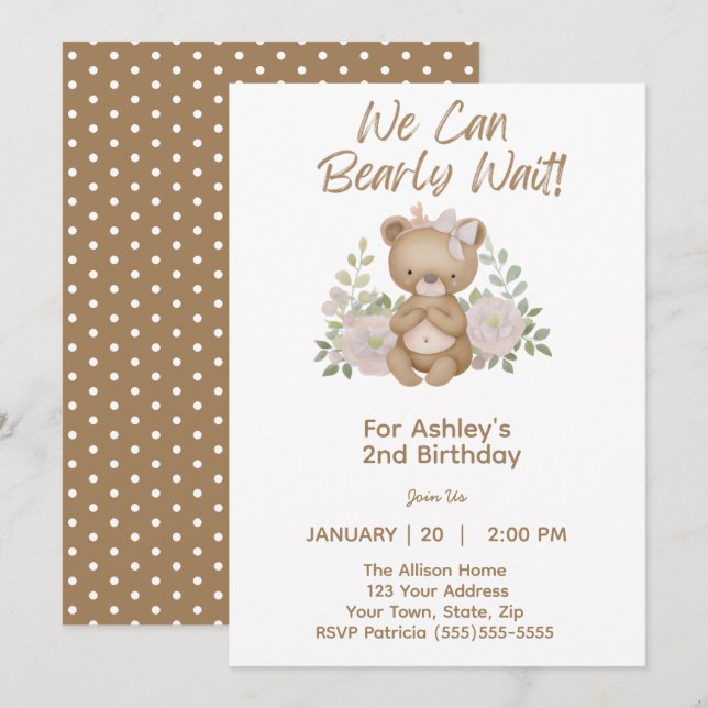 We Can Bearly Wait Girl Birthday Party Invitation (Front/Back)