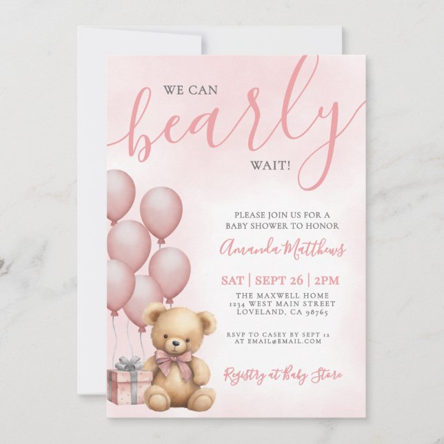 We Can Bearly Wait Girl Pink Bear Baby Shower Invitation (Front)