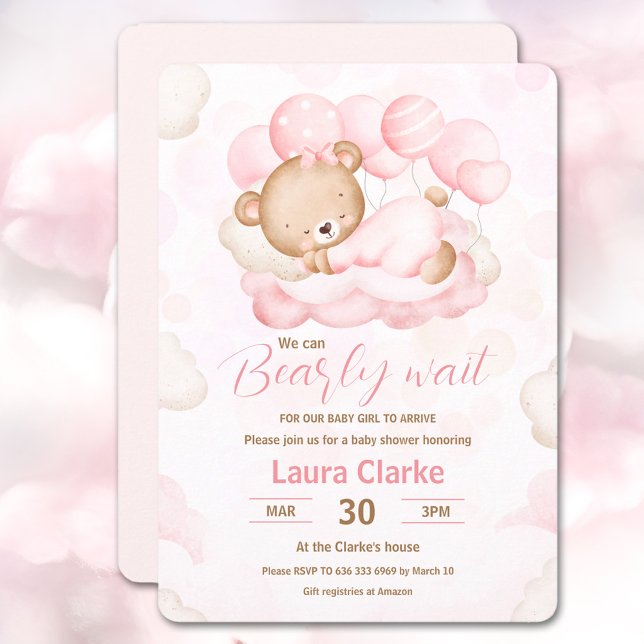 We Can Bearly Wait Girl pink Bear Baby Shower Invitation (We Can Bearly Wait Girl pink Bear Baby Shower Invitation)