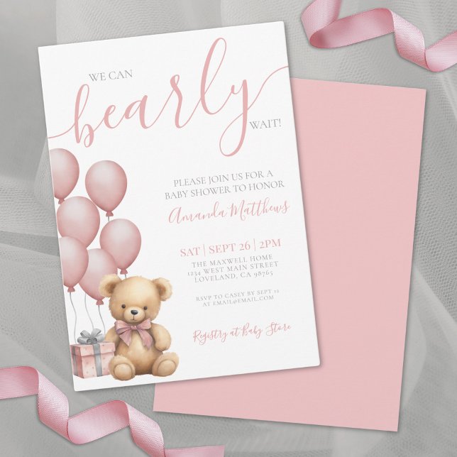 We Can Bearly Wait Girl Pink Bear Baby Shower Invitation (We Can Bearly Wait Girl Pink Bear Baby Shower Invitation )