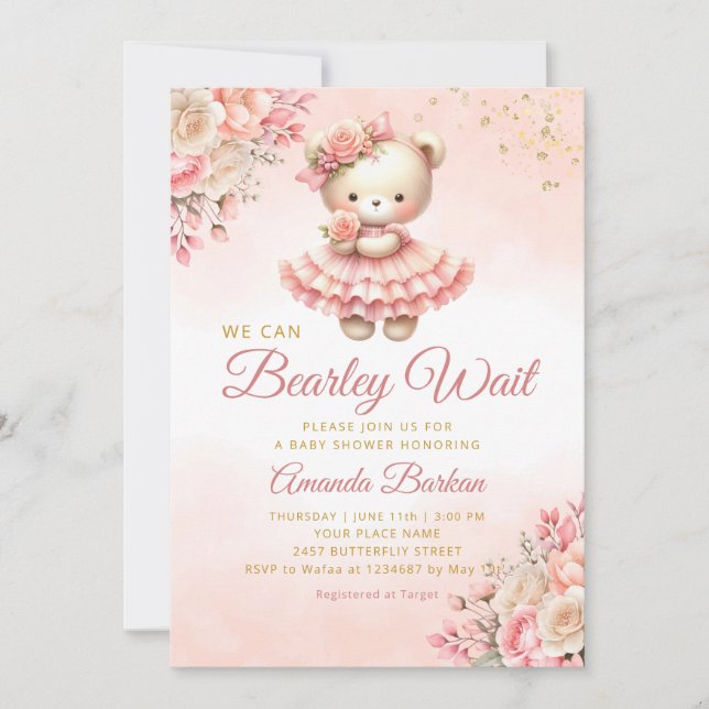 We Can Bearly Wait Girl Teddy Bear Baby Shower  Invitation (Front)